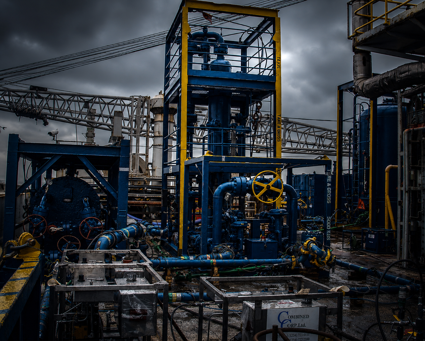 Offshore drill floor with wellhead equipment and pipework