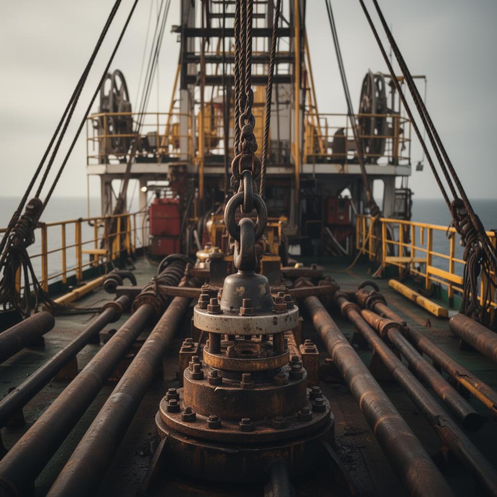 Offshore drill floor with wellhead equipment and pipework